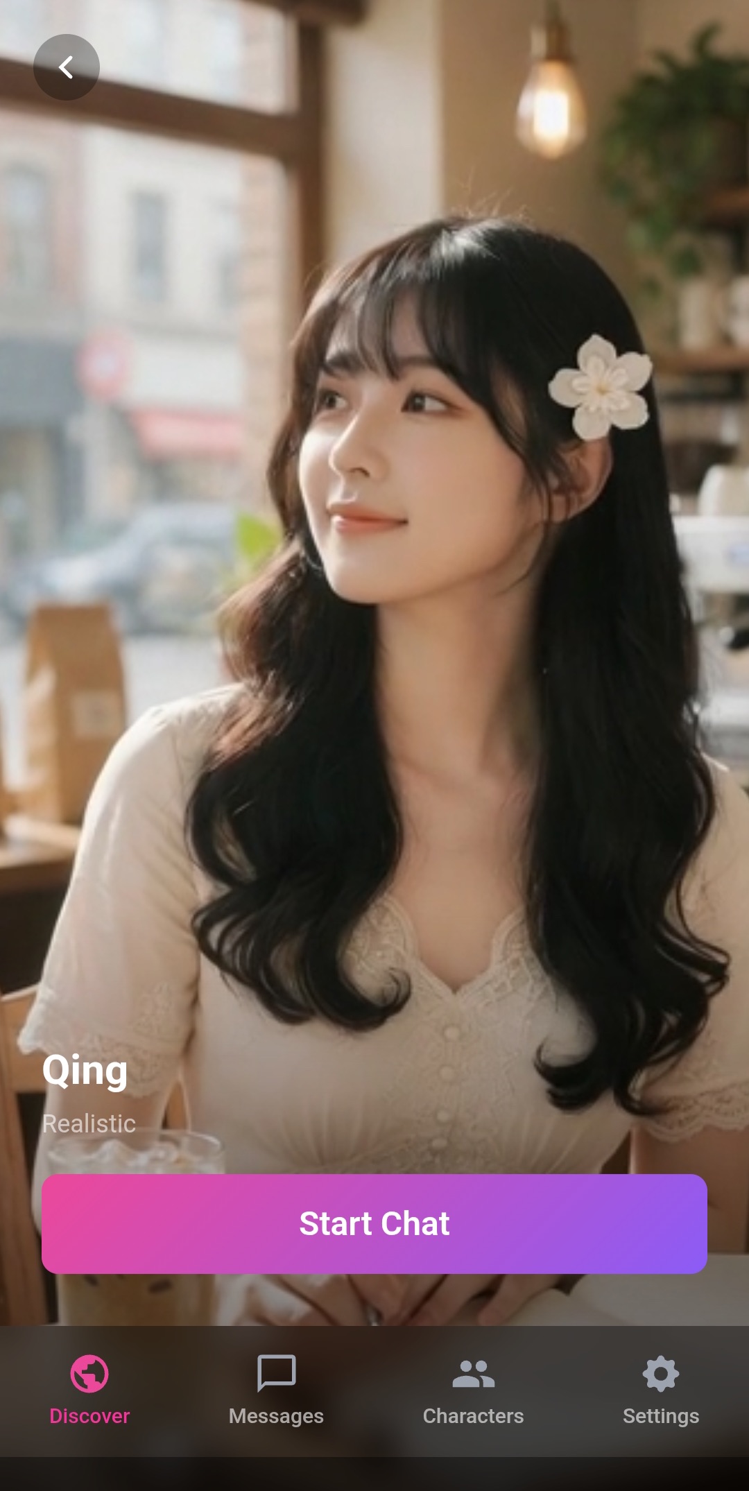 Qing — a HER companion, realistic style, quiet café moment